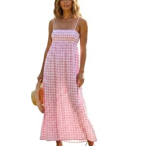 Playa Lucila Dress Womens XS Pink Gingham Maxi Spaghetti Strap Sundress Casual